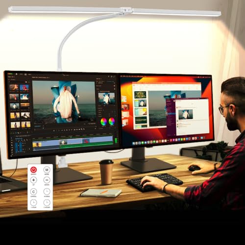 Image of LED Desk Lamp for Office Dorm Home - Eye Caring Desk Light with Timer, Remote Control 24W Brightest Dual Screen Computer Monitor Gooseneck Dimmable Table lamp with Anti-Glare Cover Clamp