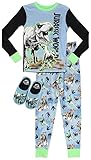 Jurassic World Boy's Pajama Set, 2-Piece Cotton PJ Set with Bonus Slippers, Light Blue, Little Kid Size 4T