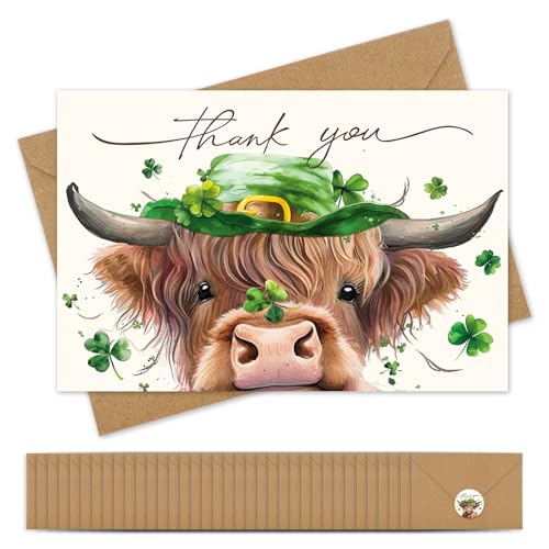 Whaline 36 Pack St. Patrick's Day Highland Cow Thank You Cards with Envelopes and Stickers Greeting Card Green Shamrock Hat Cow Blank Note Card for St. Patrick's Day Irish Holiday