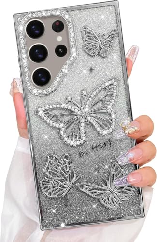 Image of Elzzi Electroplated Diamond Butterfly Phone Cover for Samsung S24 Ultra Case, Showcasing Soft TPU, Shockproof, Stylish Back Cover for Girls & Women (Grey)