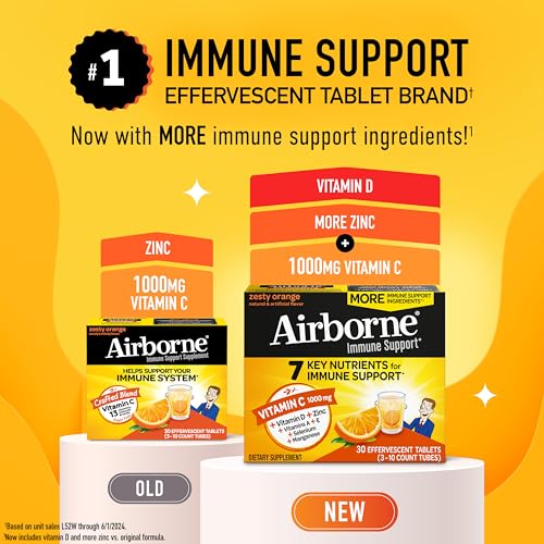 Airborne 1000mg Vitamin C with Vitamin D & Zinc, Sugar Free Multivitamin Immune Support Supplement, Antioxidants Vitamins A C & Vitamin E, 30 Effervescent Tablets, Zesty Orange Flavor - Image 3