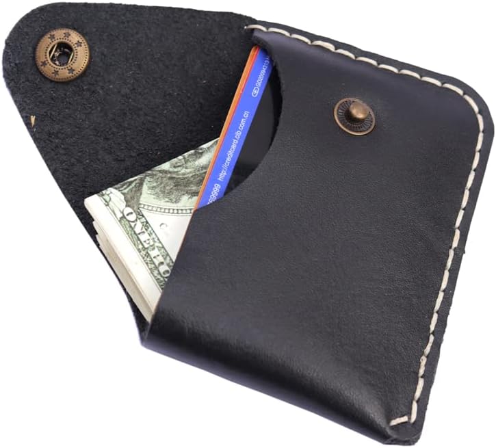 Handmade Leather Card Holder with Snap Closure - Ultra-Thin Minimalist Front Pocket Wallet, Hand-Stitched Simple Card Case - Image 7