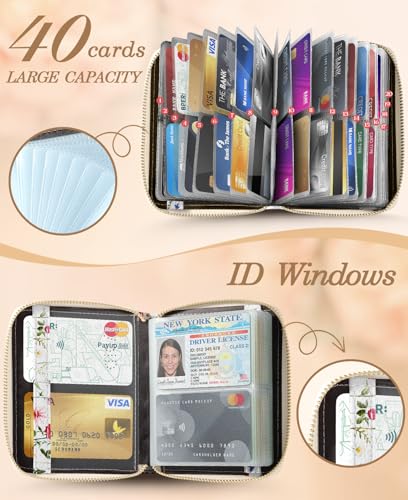 Image of Bistup 【40 Slots Credit Card Holder for Women Girls Cute RFID Blocking Card Organizer Leather Cardholder Protector for Lady Female Large Capacity Size Big Zipper Wallet Flower Kawaii Aesthetic Unique