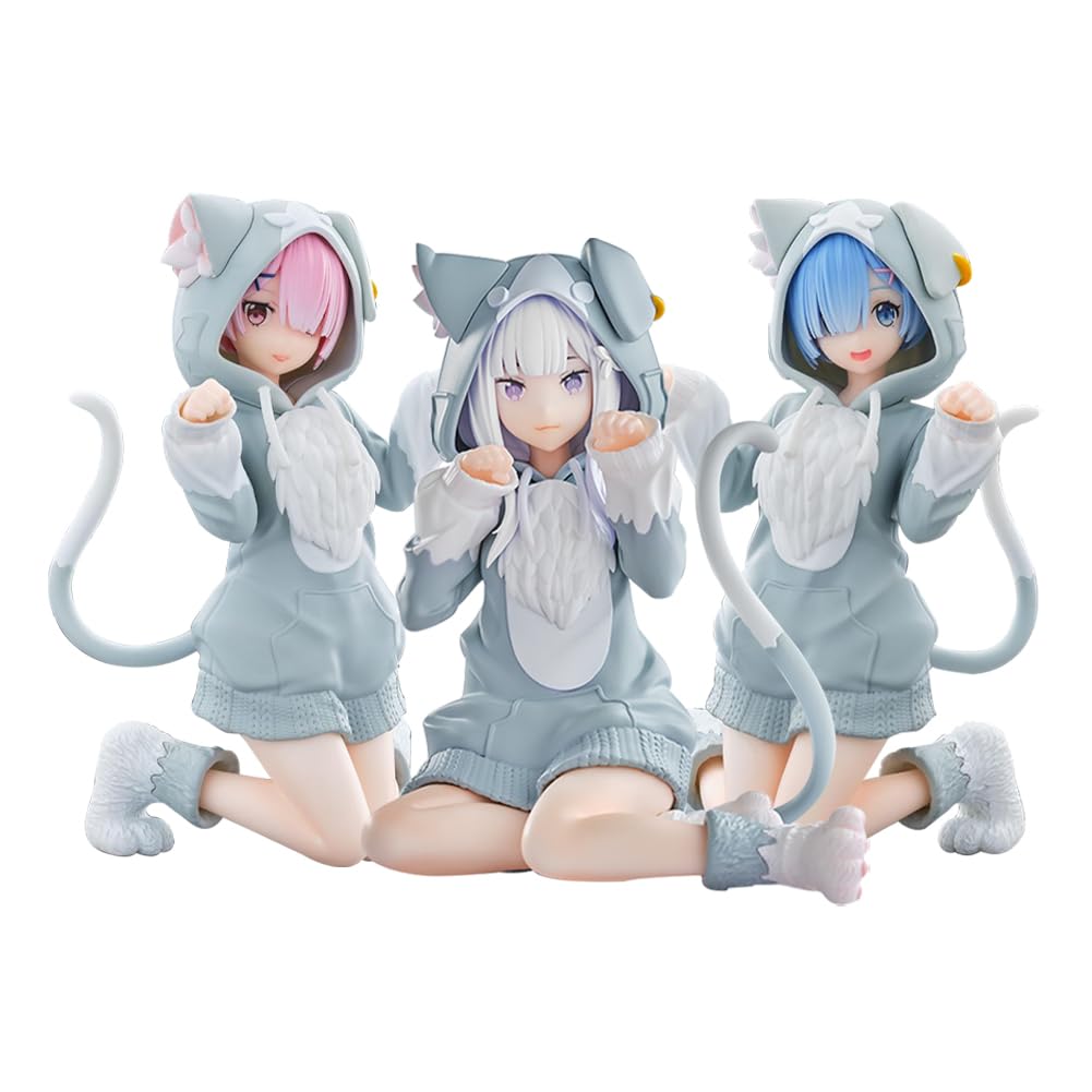 3 sztuki Ram/Rem figurka Anime Re 0 Figure Ram Rem Figurki akcji Kocie uszy Ver Model siedzący statuetka Dekoracja Biurko Ornament Artykuł kolekcjonerski