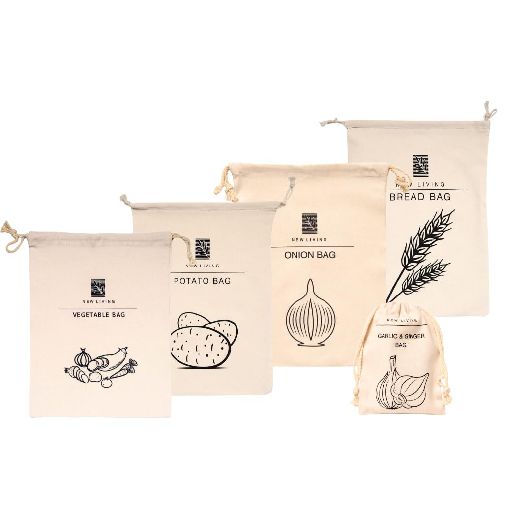 Premium Linen Cotton Food Storage Bag Bundle | 26 * 38CM | Vegetable Bag, Bread Bag, Potato Bag, Garlic Bag & Onion Bag | Organic Linen Cotton Material | Eco Product | by New Living | Food Storage Bag