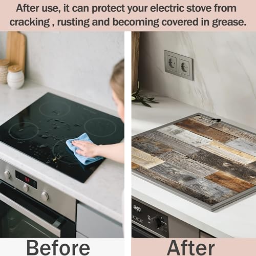 Image of Multi-Design Silicone Stove Cover for Glass /Electric Stoves - 3-in-1 Heat-Resistant Protector Mat, Non-Slip Drying Rack (Rustic Wood Grain Pattern, 28 inch L x 20 inch W)