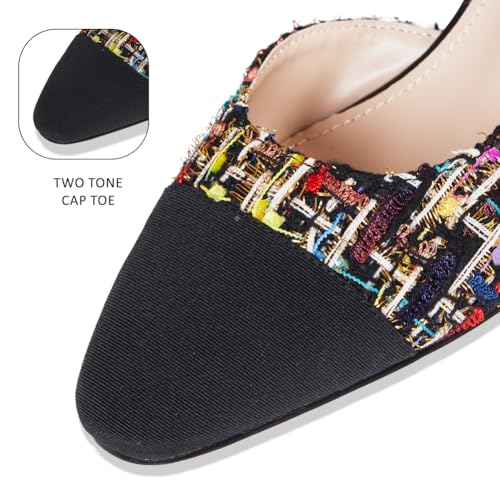 LinnOaks Slingback Heels for Women Round Closed Toe Pumps Two Tone Chunky Mid Heel Wedding Party Dress Shoes Ladies Fashion Patchwork Mary Jane Heels Multicolor Classic Comfy Tweed Heels Office Shoes4