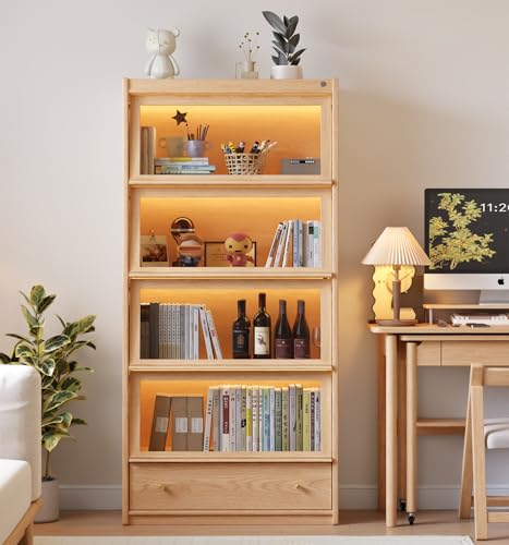Image of AnywaysWood 73 inch H Tall Solid Wood Bookcase with Flip-Up Tempered Glass Doors and 3 Color Led Lights,4 -Tier Wooden Bookshelf with 1 Drawer,Display Cabinet Kitchen Pantry for Living Room,Office