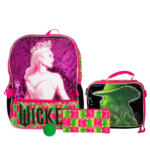 AI ACCESSORY INNOVATIONS Wicked 5 Piece Backpack Set Galinda & Elphaba Flip Sequin Girls School Bag with Front Zip Pocket 2 Side Mesh Pockets Pink & Green