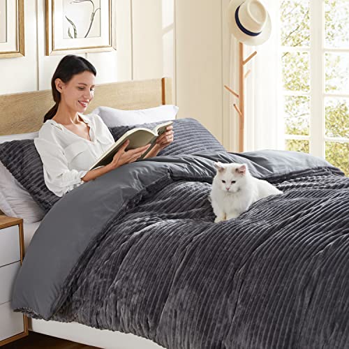 Nestl Premium Flannel Duvet Cover Set - 2 Pc Reversible Twin Comforter Cover Set With Microfiber Back - 1 Velvet Duvet Cover Twin With Zipper Closure & 1 Pillow Sham 68 X 90 Inches – Charcoal Gray #TOP5