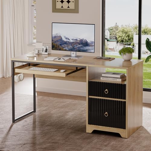 Image of Bestier 55 Inch Office Desk with Fluted Panel & Keyboard Tray, Natural Oak | 55 X 22 In Work Surface, File Drawer, Reversible Pedestal, Fluted Panels And Keyboard Tray For Home Office Storage.