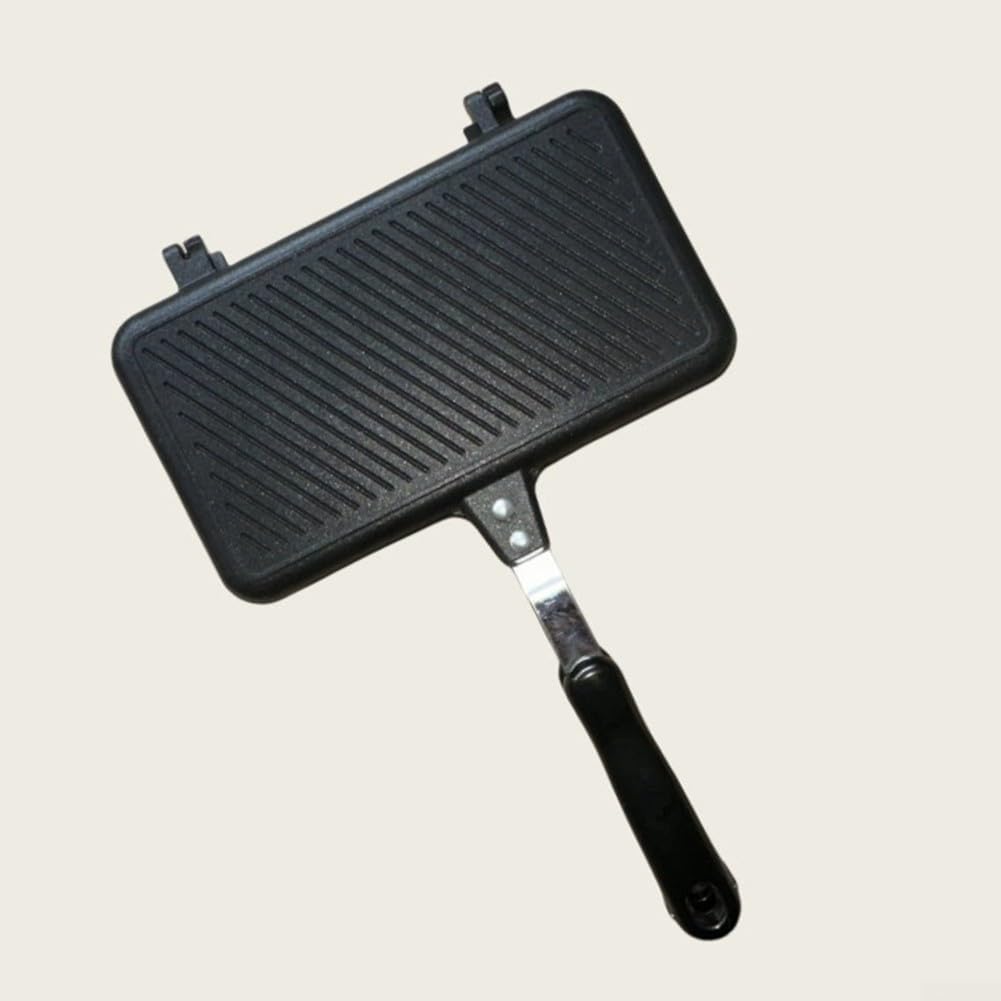 Poêle à sandwich double face anti-adhésive en acier noir à chaleur rapide pour gaufres, steaks, œufs au plat et cuisine en plein air 37 x 24 x 4 cm