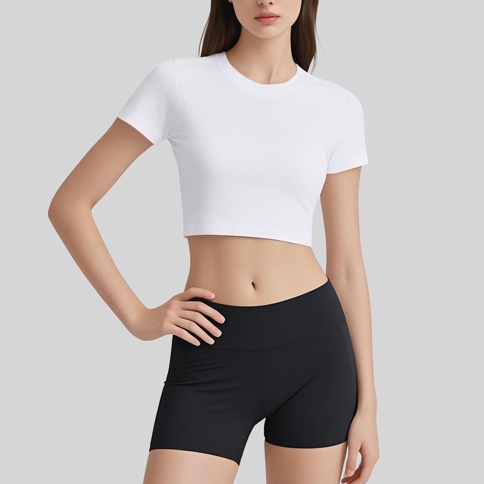 Coume Lot de 4 hauts courts de compression à séchage rapide pour femme - T-shirt à manches courtes et col rond - T-shirt de yoga basique