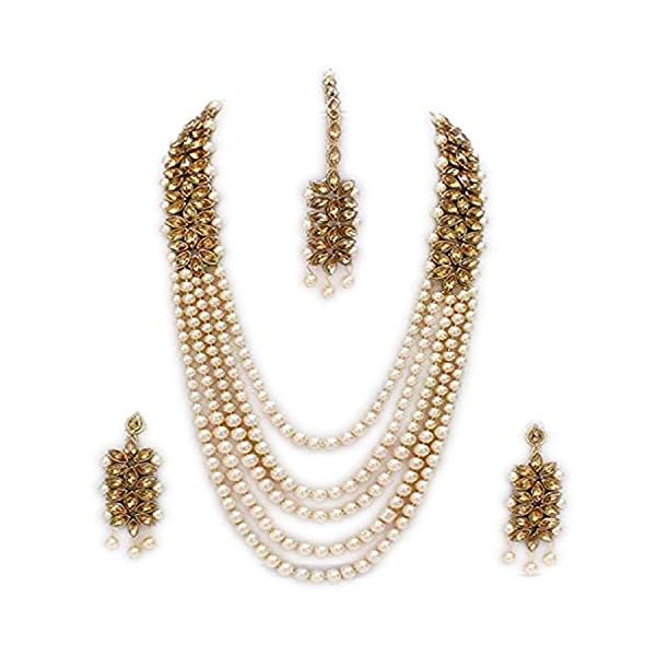 I Jewels 18K Gold Plated Traditional 5 Layers Kundan & Pearl Beaded Moti Raani Haar Necklace Jewellery Set For Women (ML164)