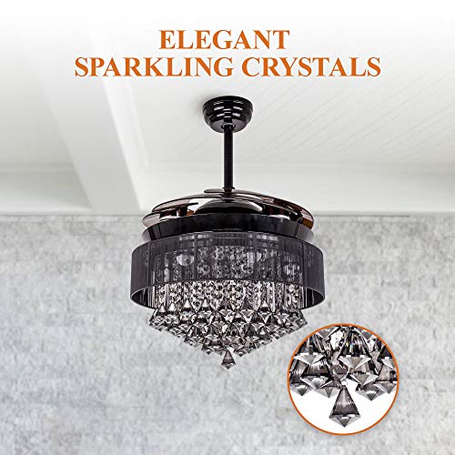 Ceiling Fans with LED Lights 46 Inch Ceiling Fan with Remote Crystal Chandelier Fans with Retractable Blades, Replaceable 4000K Cool White Lights, Not Dimmable, Black