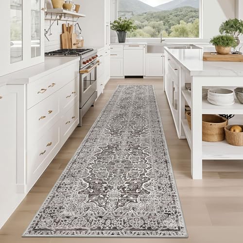 KUTA Vintage Washable Runner Rug 2.6x12, Non-Slip Hallway Kitchen Rugs Tan Grey with Rubber Backing, Ultra Soft Printed Distressed Modern Medallion Extra Long 12ft Runners Indoor for Bedroom