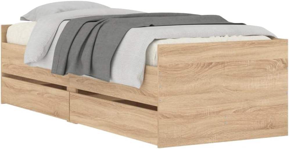 Bed frame with mattress and bedding