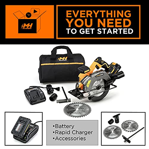 Motorhead 20V Ultra 6-1/2” Cordless Circular Saw, Lithium-Ion, Laser, Led, Edge Guide, 0-50° Bevel, Cutting Depth: 2-1/4”(0°),1.65”(45°), 2Ah Battery, 2 Blades: 24T, 40T, Usa-Based (Mh-03-Cs-B1-0-2) #TOP4