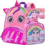 3PCS Toddler Backpack for Girls, 12” Cute Unicorn Preschool Bookbag and Lunch Box, Cute Kids...