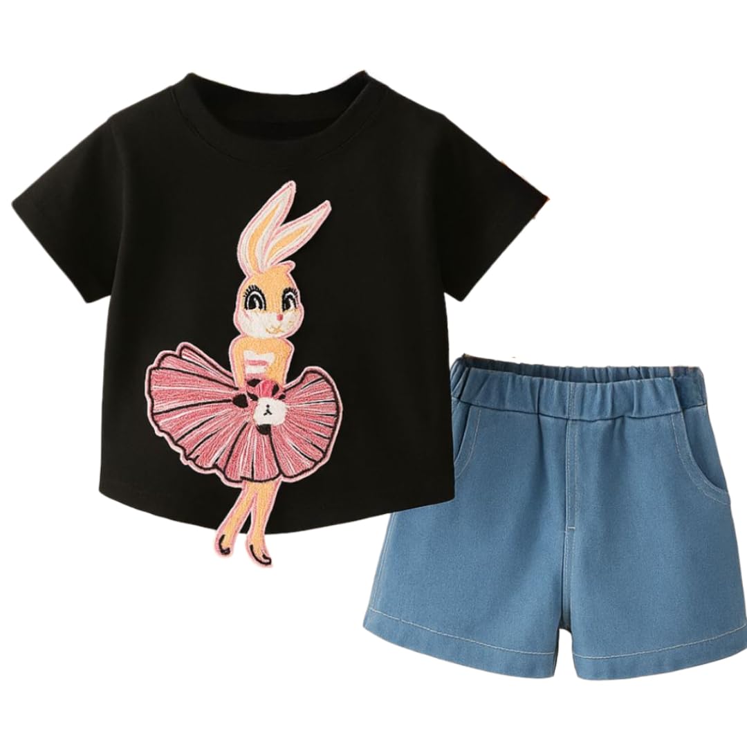 Googo Gaaga Cotton Embroided Patch T-shirt with Denim Shorts — Clothing Set for Baby Girls | Toddlers | Half Sleeves | Classy Embroidery | Round Neck | Dress for Kids (Black, 2-3Y)