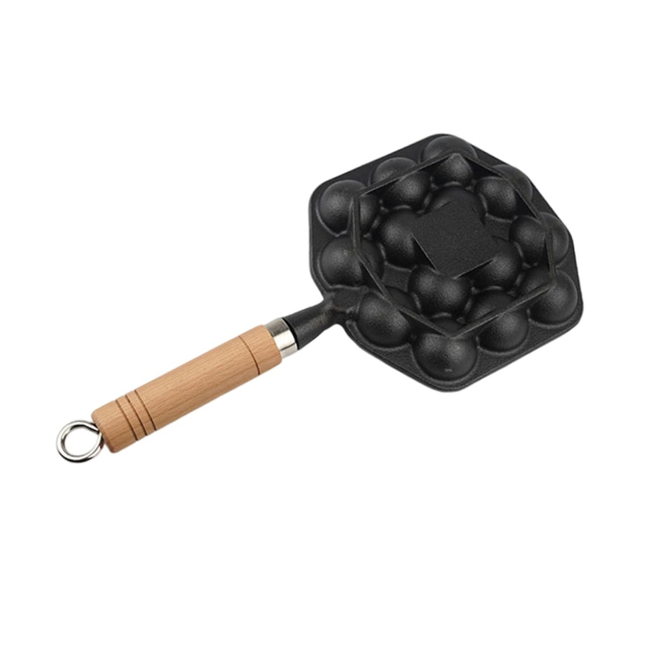 Padella in Ghisa 14 Fori, Manico in Legno, Bordo Liscio e Superficie Antiaderente per Polpette e Snack in Cucina