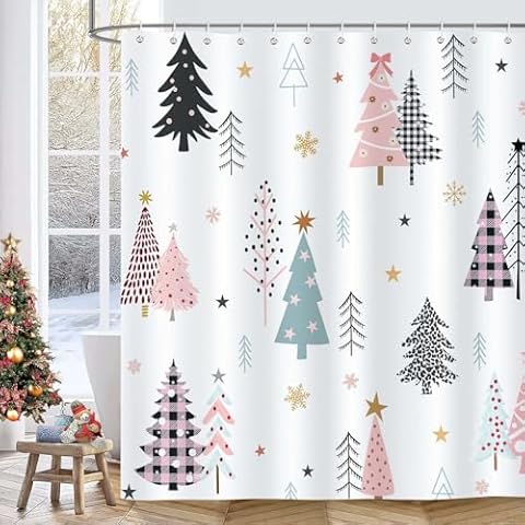 Bonhause Pink Black Christmas Tree Shower Curtain Cover