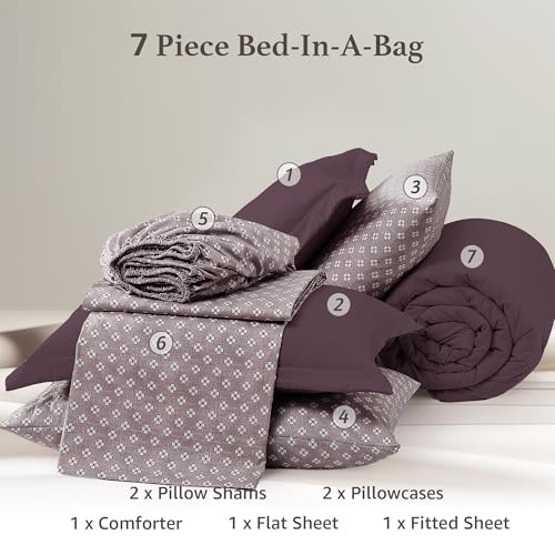 Image of Monbix King Size Comforter Set- 7 Pieces Soft Bed in a Bag King Bedding Set | All Season Plum Prewashed Comforter with Sheets, Pillowcases & Shams