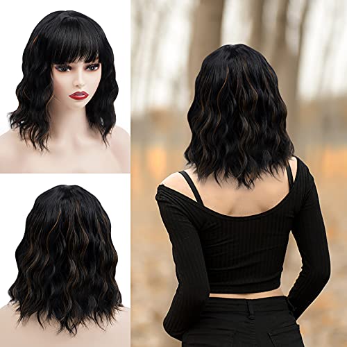 Short Bob Wavy Wig with Bangs Shoulder Length Wavy Wigs Synthetic Curly Bob Wig Black Mixed Brown Wig for Women Natural Looking Heat Resistant Fiber Hair 12 Inch, Black Mixed Brown