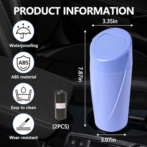 Image of Hovom Mini Car Trash Can with Lid, Portable Garbage Can for Car, Leakproof Cup Holder Automotive Garbage Bin with 2 Rolls of Trash Bags, Small Trash Storage Can for Car Home Office(Dark Blue)