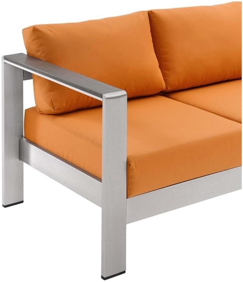 Modway Shore Outdoor Patio Aluminum and Fabric Sofa in Silver/Orange