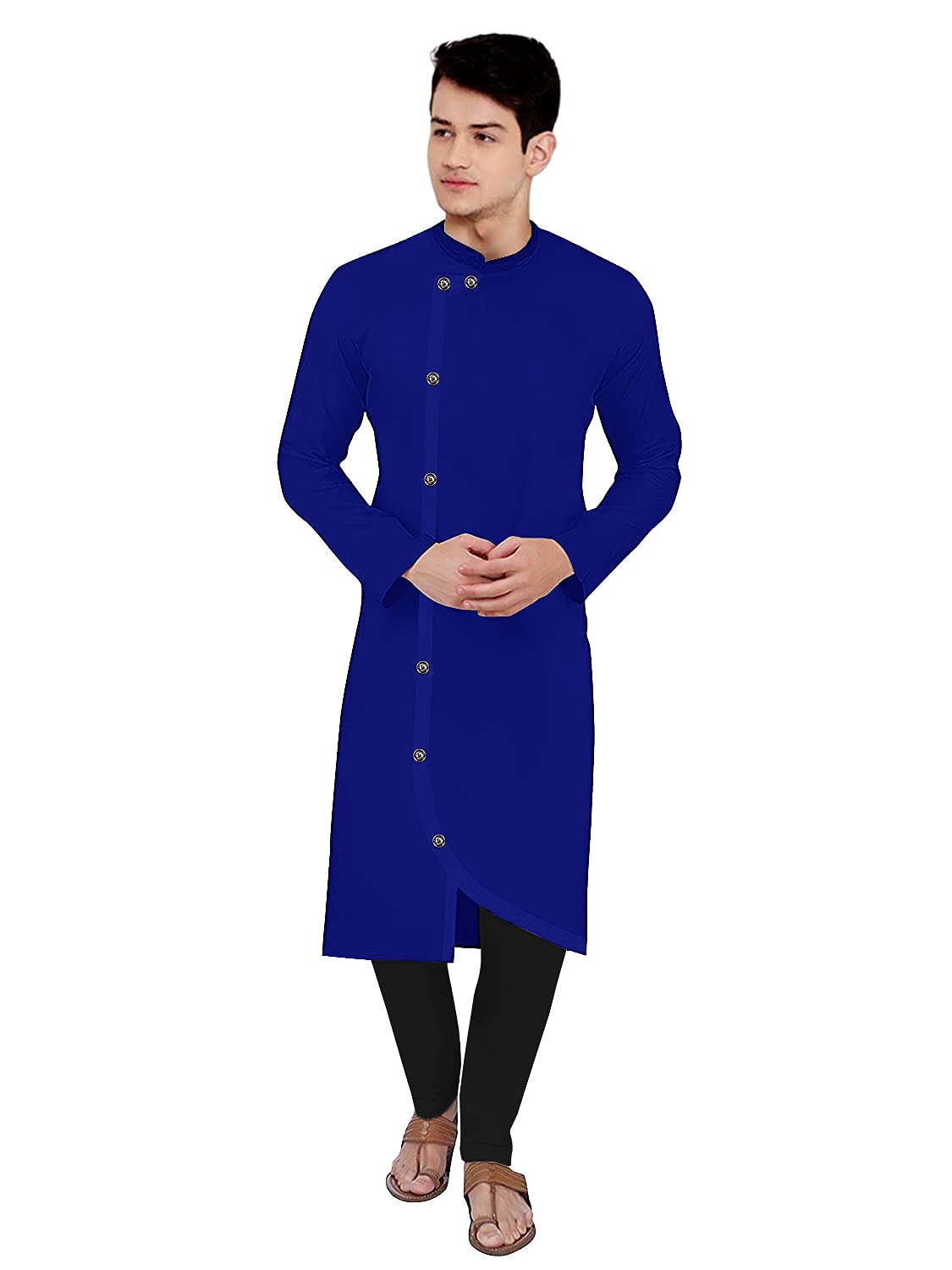 OS JEANS 100% Cotton Cross Button Kurta with Black Pyjama Set Combo-Royle Blue_2XL