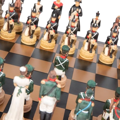 Napoléon en Russie échiquier cuir et jeu d'échecs historique peint à la main
