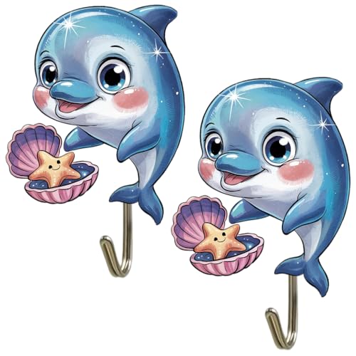 2PCS Decorative Acrylic Adhesive Hooks, Self-Stick Wall Hangers for Keys, Towels, Bags and Accessories, Cute Dolphin Wall-Mount Organizer for Entryway, Bathroom, Kitchen, Bedroom and Nursery 001
