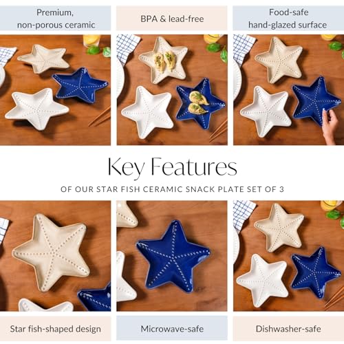 Image of Nestasia Set of 3 Starfish Ceramic Serving Plates | Microwave & Dishwasher Safe, BPA-Free, Ocean-Inspired Dinnerware |Ideal for Appetizers, Snacks, Gifting, Serving, Decor (Multicolour)