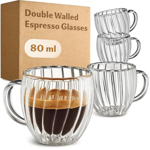 Cosumy Double Walled Espresso Glass Cups 80ml - Set of 4 Handled Cups - Heat Insulating, Protects Your Hands - Floating Effect - Ribbed Design - Dishwasher Safe