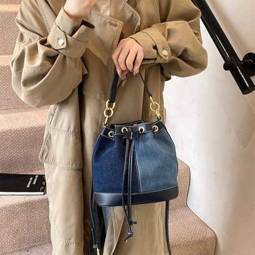 Denim Bucket Bag for Women Handbag Trendy Jean Purse Drawstring Crossbody Shoulder Bag3