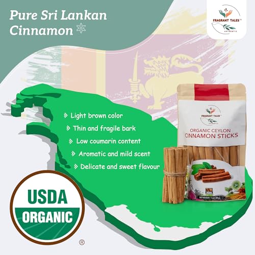 Premium Organic Ceylon Cinnamon Sticks - 2 oz (56g), Grade Alba, (4\" cut 20 to 24 sticks) True Ceylon, USDA Certified, Non-GMO, Gluten-Free, Pure Sri Lankan Cinnamon for Cooking, Baking and Brewing.