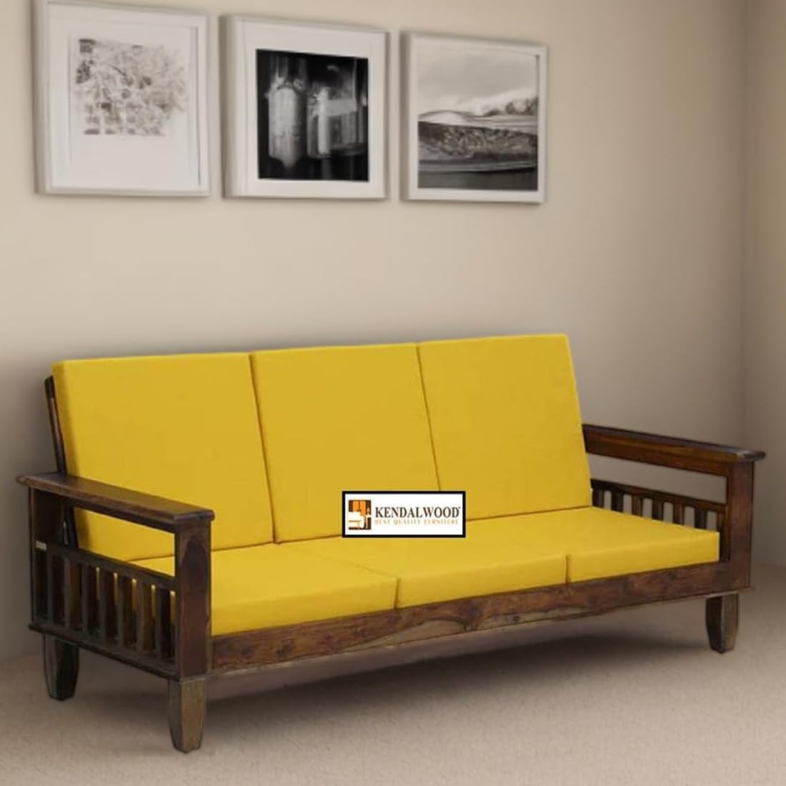 KENDALWOOD™ Furniture Solid Wood 3 Seater Wooden Sofa Set for Living Room Furniture Fabric 3 Seater Sofa (Finish Color:- Honey Finish with Cushions) - DIY(Do-It-Yourself)
