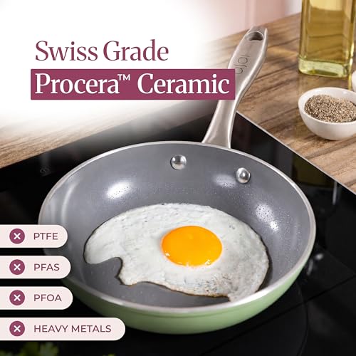 Image of Asai Ceramic Pan for Cooking 24cm Swiss Non-Stick Frying Pan with Lid | Green | Lab-Tested | 100% Toxin Free | No PFAS, PFOA, PTFE | Superior Swiss Ceramic | Induction Safe │ ISI & FDA Approved