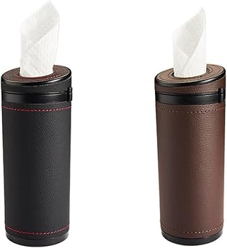 2 Pcs Car Tissue Holder, Multi-Purpose Round PU Leather Paper Tube with Window Breaker for Travel Facial Tissues Organizer, Car, Home, Bathroom, Office UseBlack&Brown