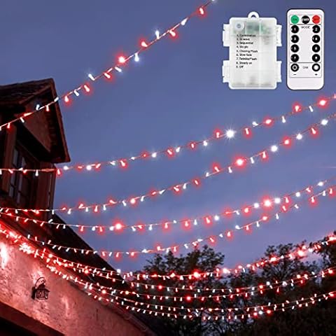 Red White Outdoor Fairy Lights Long 10M Battery Operated Christmas Candy Cane Light String Long 100LEDs Christmas Fairy Lights Indoor Festive Decor Remote Timer for Xmas Tree,Home,Fence,Porch,Backyard Cover