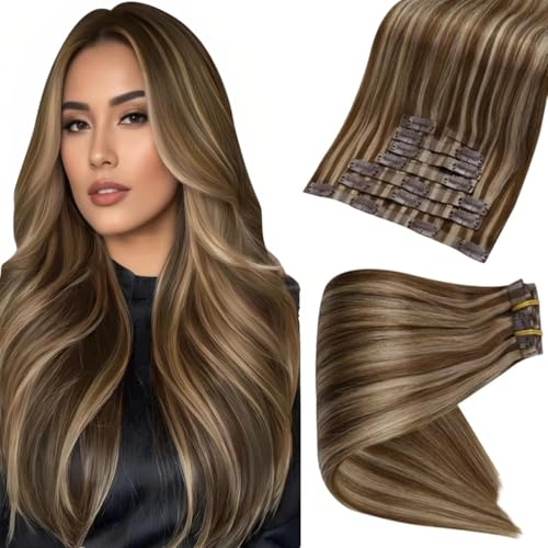 Image of Full Shine Clip in Human Hair Extensions 16 Inch Dark Brown with Honey Blonde Highlights Straight Seamless Human Hair Clip in for Women Add Volume 8 PCS 120 G | Balayage Ash Brown to Honey Blonde, Straight, Seamless Ultra-Thin Weft, Adds Volume, Heat Styling, Daily Wear, 8 Pcs 120g