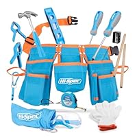 Hi-Spec 16pc Blue Kids Tool Kit Set & Child Size Tool Belt. Real Set for DIY Building, Woodwork & Construction Learning for Kids