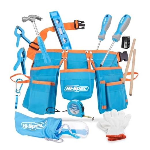 Hi-Spec 16 Piece Childrens Tool Kit with Kids Size Tool Belt, Real Leather Work Gloves, Safety Glasses, Wooden Rule, REAL Small Size Hand Tools for DIY Construction Education School Project Tool Set