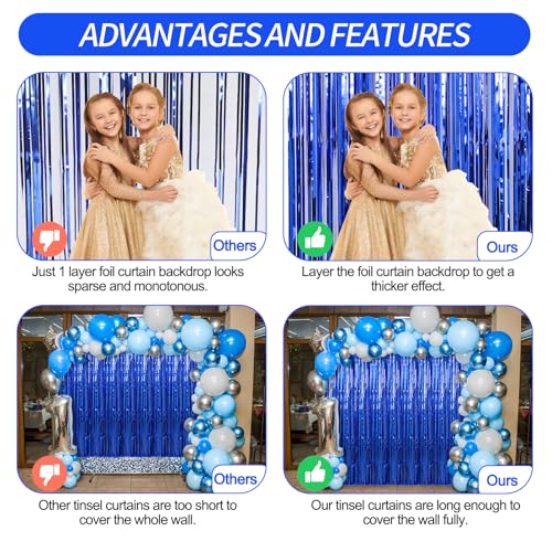 Image of 4 Pack Blue Foil Fringe Curtains Streamers Party Decorations 3.3 x 8.2 ft, Blue Tinsel Curtain Fringe Backdrop for Parties, Door Fringe Birthday Streamers, Photo Booth Backdrops, Party Decor
