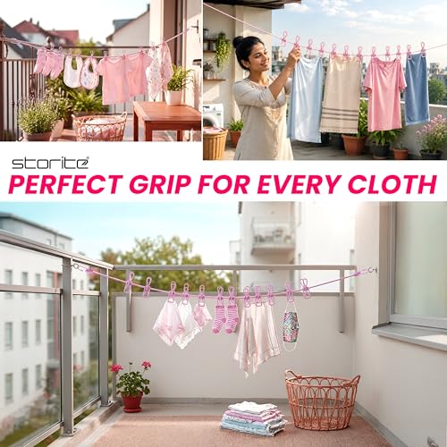 Image of Storite Cloth Drying Rope with Hooks - Elastic Hanging Rope for Travel, Home, and Outdoor Drying - Includes 12 Clips - Pink