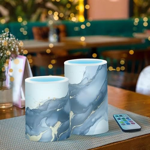 Image of Blue and Gray Gold Marble Flickering Flameless Candles LED Battery Operated with Remote Timer Pillar Candles for Home Birthday Wedding Christmas Decor, Set of 2