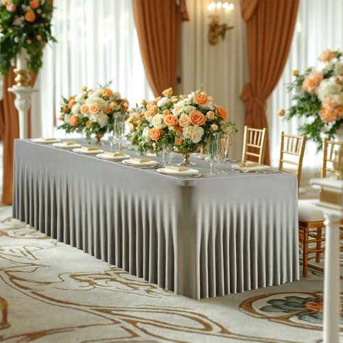 Image of Besutolife Rectangle Table Skirt Black Stretch Tablecloth One-Piece Wrinkle-Resistant Ruffles Design Perfect for Banquets Parties Wedding Dining Table (Grey, 6ft)