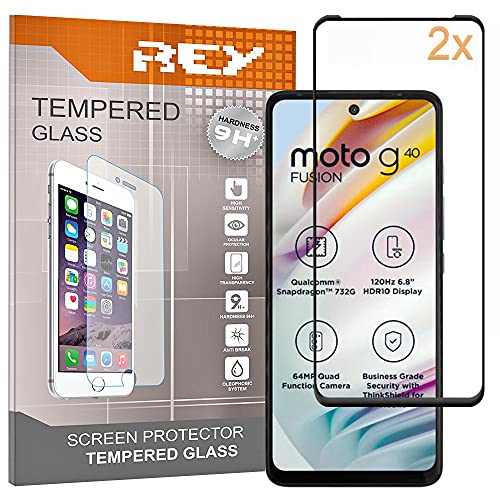 REY 2X Protector de Pantalla 3D para Motorola Moto G40 Fusion - Moto G60, Negro, Protección Completa, 3D / 4D / 5D