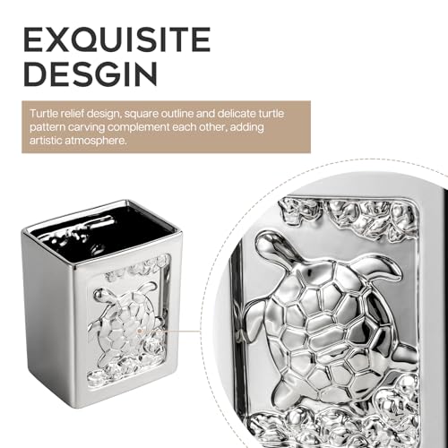Image of Ceramic Trash Can - Square Garbage Can with Turtle Relief, Trash Bin for Bathroom, Bedroom, Kitchen, Office, 1.85 Gallon Small Waste Basket (Silver)